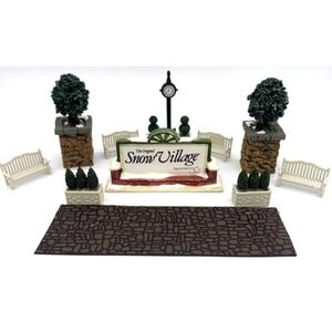 Dept 56 13-Piece Lot 4 Benches - 4 Planter Boxes -2 Holly Trees -Road -Sign ETC
